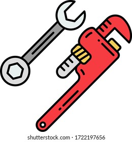 Plumber and Handyman Fix Steel Tools Vector Color Icon Design, Open and Close End concave rib and Red Pipe wrench Tool, 