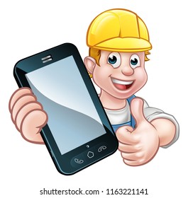 A plumber or handyman holding a  phone with copyspace and giving thumbs up