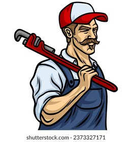 Plumber Handyman Holding Wrench Mascot Design Vector