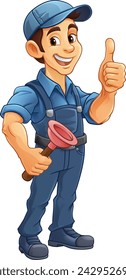 A plumber handyman plumbing construction cartoon mascot man holding a drain plunger tool.