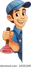 A plumber handyman plumbing construction cartoon mascot man holding a drain plunger tool.