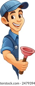 A plumber handyman plumbing construction cartoon mascot man holding a drain plunger tool.