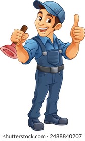 A plumber handyman plumbing construction cartoon mascot man holding a drain plunger tool.