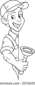 A plumber handyman plumbing construction cartoon mascot man holding a drain plunger tool.