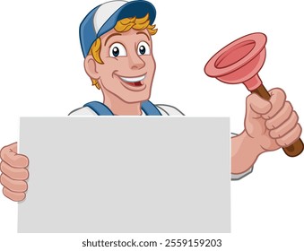 A plumber handyman plumbing construction cartoon mascot man holding a drain plunger tool.