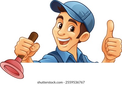 A plumber handyman plumbing construction cartoon mascot man holding a drain plunger tool.