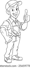 A plumber handyman plumbing construction cartoon mascot man holding a drain plunger tool.