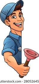 A plumber handyman plumbing construction cartoon mascot man holding a drain plunger tool.