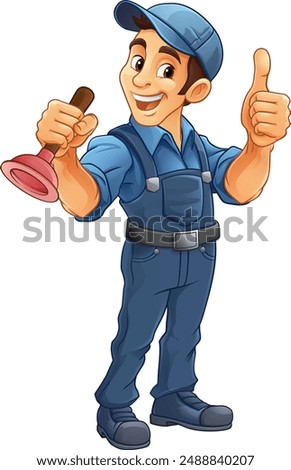 A plumber handyman plumbing construction cartoon mascot man holding a drain plunger tool.