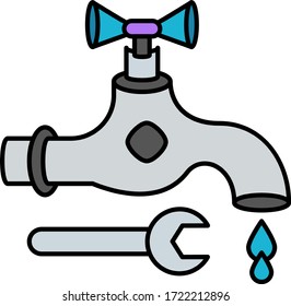 Plumber Handyman Tap Fix Service Vector Color Icon Design, Faucet Repair Concept,  Old Vintage Style Water Faucet with open-end Wrench on white background