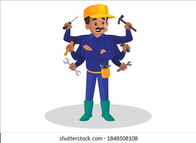 Plumber is with his tools. Vector graphic illustration. Individually on white background.