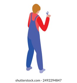 Plumber holding an adjustable wrench looking at something isometric illustration