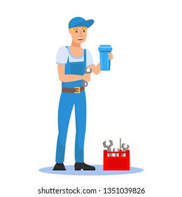 Plumber Holding Filter Cartridge Cartoon Character. Young Handyman with Screw Key. Worker in Blue Overall Flat Clipart. Red Toolbox Vector Illustration. Water Filtration System Installation