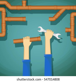 Plumber holding in his hand wrench and water pipe. Stock vector illustration.