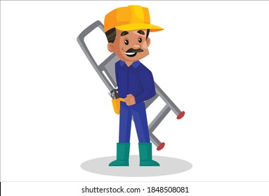 Plumber is holding a ladder in hand. Vector graphic illustration. Individually on white background.