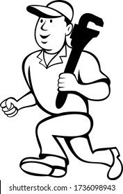 Plumber Holding Monkey Wrench Running Cartoon Black and White