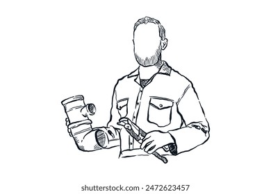 Plumber holding pipe and pliers. Plumb install repair service, hand drawn line drawing sketch vector illustration