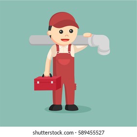 plumber holding tool box and giant pipe