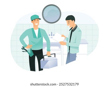 plumber holding a toolbox, standing next to a customer who is looking at a bill. conveying a positive service interaction.