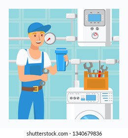 Plumber Holding Water Filter Vector Illustration. Young Handyman Repairing Boiler. Cartoon Character with Screw Key. Water Filtration System Installation. Toolbox and Washing Machine in Bathroom
