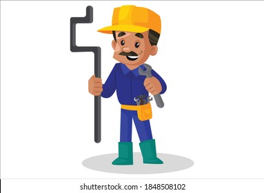 Plumber is holding a water pipe and wrench in hand. Vector graphic illustration. Individually on white background.