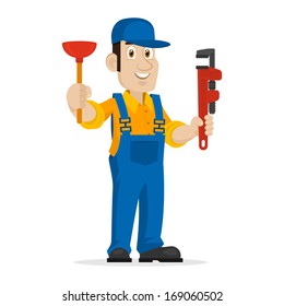 Plumber holds plunger and adjustable spanner