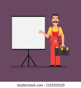 Plumber holds suitcase and points to flip chart. Vector Illustration.