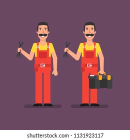 Plumber holds wrench holds suitcase and smiling. Vector Illustration.