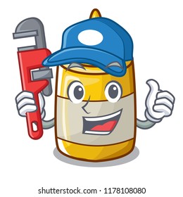 Plumber homemade mustard sauce in cartoon bottle