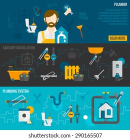 Plumber horizontal banner set with sanitary installation plumbing system elements isolated vector illustration