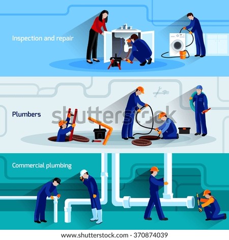 Plumber horizontal banner set with water pipes inspection and repair flat elements isolated vector illustration