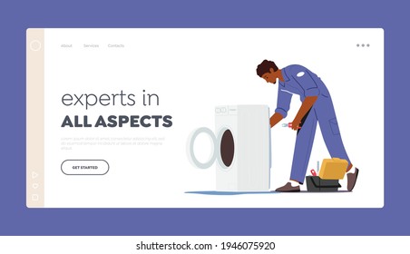 Plumber, Husband for an Hour Repair Service Landing Page Template. Male Character in Uniform Fixing Broken Washing Machine at Home. Call Master Work with Damaged Technics. Cartoon Vector Illustration