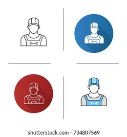 Plumber Icon. Flat Design, Linear And Color Styles. Sanitary Technician. Isolated Vector Illustrations