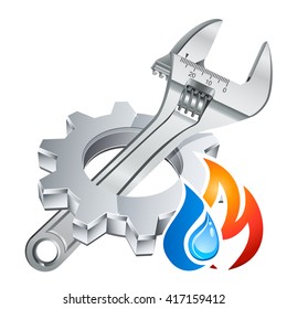 plumber icon with gear, adjustable wrench and fire/water symbol