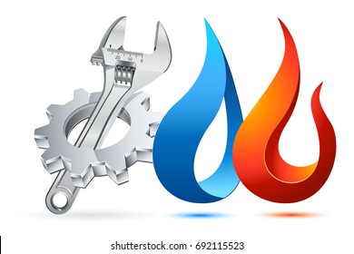 plumber icon with gear, adjustable wrench and fire/water symbol
