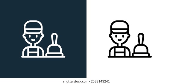 Icono de plomero aislado en colores blanco y negro. Icono de Vector lineal de contorno de plomero de la colección de trabajos y profesiones para App móviles, Web y UI.