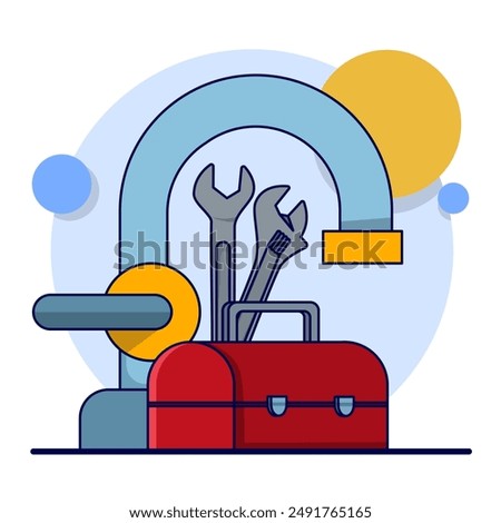 Plumber Icon. Plumber repairs pipe burst. Vector illustration for plumbing, household problems, help, accident concept, plumber repairs pipes with tools. Perfect for App Icons, Banners, etc.