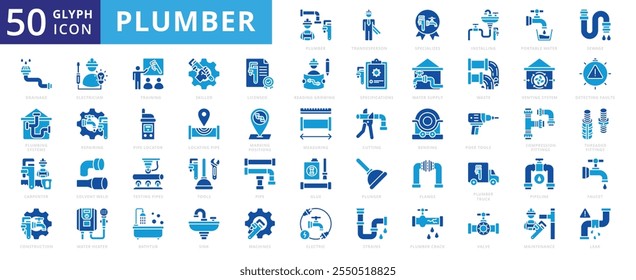 Plumber icon set with construction, truck, training, tools, electrician, maintenance, carpenter, plumbing, faucet, valve, electric, pipeline, sink, bathtub, sewage, pipe, drainage, and machines