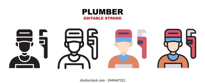 Plumber icon set with different styles. Icons designed in filled, outline, flat, glyph and line colored. Editable stroke and pixel perfect. Can be used for web, mobile, ui and more.