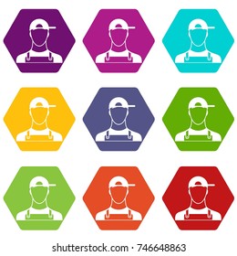Plumber icon set many color hexahedron isolated on white vector illustration