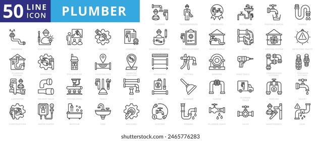 Plumber icon set with a tradesperson, specializes, in installing, portable water, sewage, drainage, and plumbing systems.