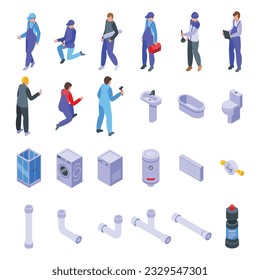 Los iconos del complemento establecen un vector isométrico. Reparar la tubería. Hombre de servicio