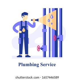 Plumber Inspecting Pipes, Finding Problem, Repair Leaking Tubes, Central Waterline, Service Man Holding Flashlight, Emergency Situation, Improvement And Replacement Sewerage, Conduit Damage