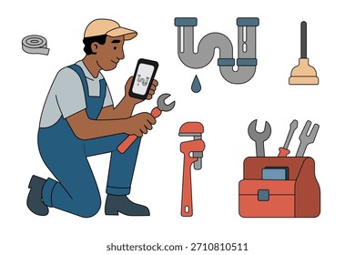 Encanador inspecionando tubos e ferramentas para reparos