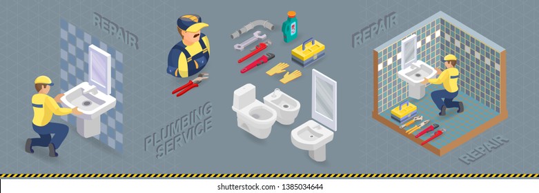 Plumber is installing washbasin in a bathroom with a blue tile. Isometric interior repairs concept. Builder in uniform holds a sink. Worker and tools. Vector flat illustration.