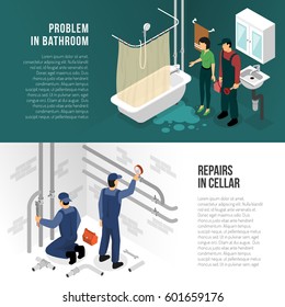 Plumber isometric banners set with sanitary technician characters with plumbing fixtures in cellar and bathroom interior vector illustration