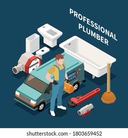 Plumber isometric colored concept plumber dressed in work clothes with  work tools and equipment vector illustration