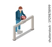 Plumber isometric composition with image of water pipe with valve turned by male character vector illustration