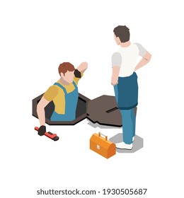 Composición isométrica de plomo con imágenes de trabajadores con herramientas uniformes e ilustración vectorial de hueco de mantenimiento