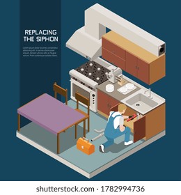 Plumber-isometrische Komposition durch Ersetzen der Siphon-Überschrift und Handyman fixieren gebrochene Siphon-Vektorgrafik
